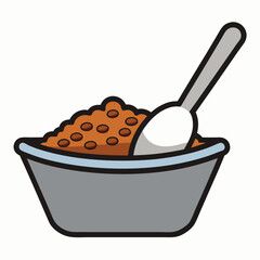 Metal bowl with dry pet food and plastic scoop vector on white background.