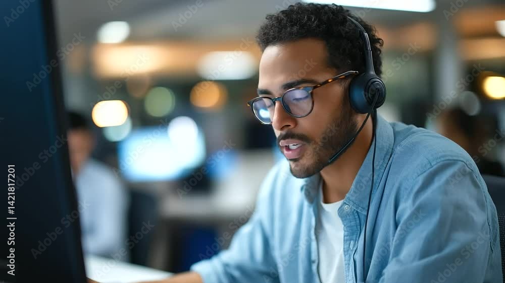 Poster dynamic call center bustling with activity in a vibrant office setting.