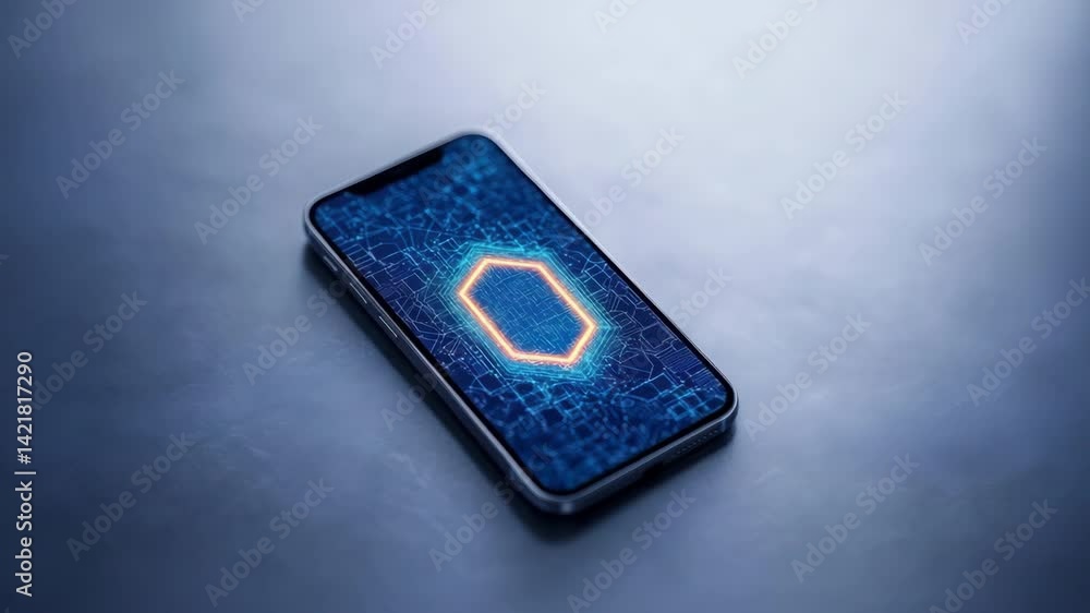 Poster smartphone technology glowing hexagon patterns on digital screen showcase modern design