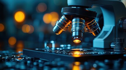 Fototapeta premium Microscope analyzing circuit board in lab