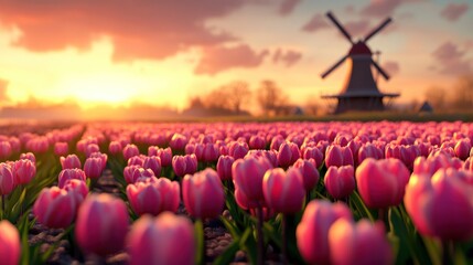 Sunrise over a field of pink tulips with a windmill in the background