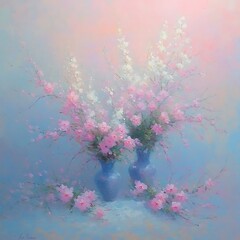 Two blue vases filled with pink and white floral arrangements