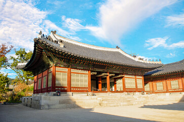 Fototapeta premium Gyeongbokgung Palace in sky clouds clear day. Seoul, South Korea.