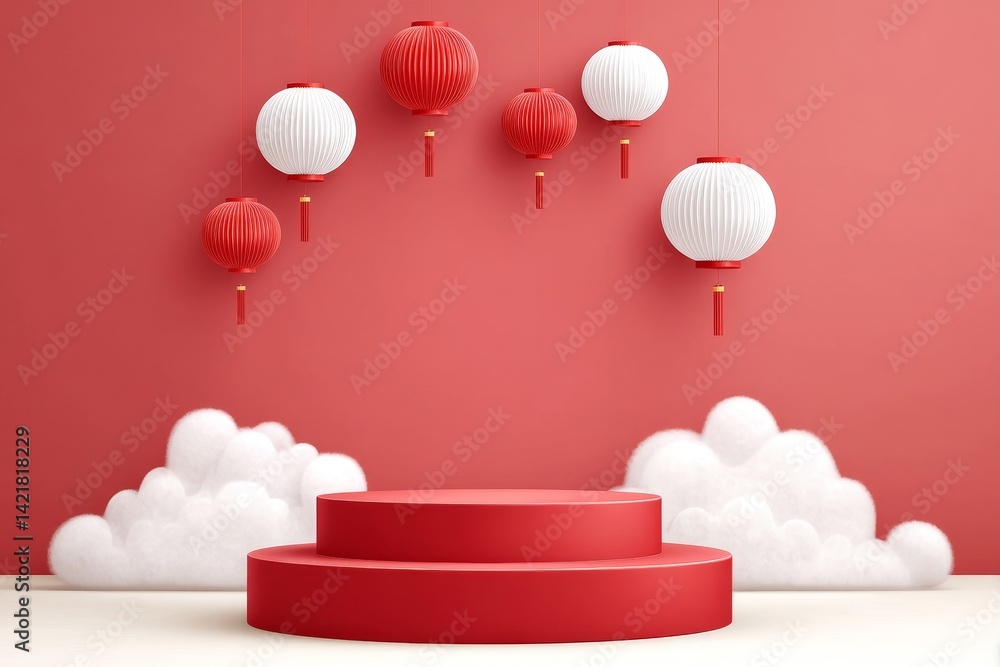 Poster festive red platform with lanterns - red and white lanterns hang above a two-tiered red display plat