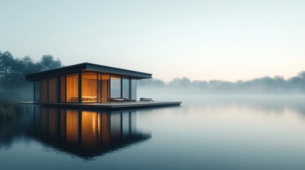 Fototapeta premium Modern wooden cabin on a serene lake. Tranquil, minimalist design reflects in the water, overlooking a foggy forest. Warm interior lighting highlights the spacious interior