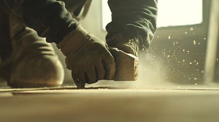 Close-up of a carpenter sanding wood with a handheld sander