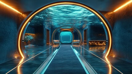 Fototapeta premium Futuristic underwater tunnel hallway