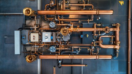 Intricate network of copper pipes and machinery, industrial equipment installation with valves and fittings in a complex configuration