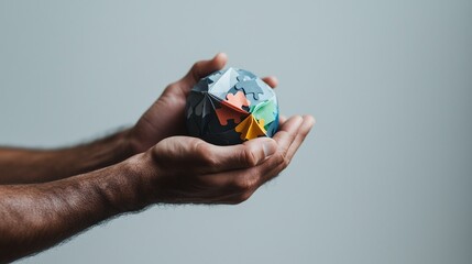 Hands of varying skin tones holding a delicate origami Earth globe, with continents represented as interconnected puzzle pieces. White background, soft shadows. Style: Clean line art with muted paste