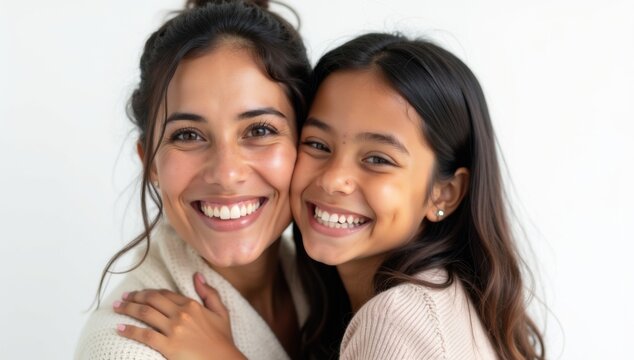 Madre e hija, latinas, primer plano. Sonrientes y mostr&aacute;ndose afecto. Sobre fondo blanco.