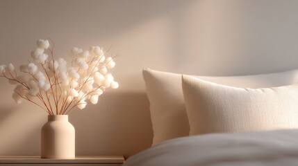 minimalistic depiction of serene bedroom setting with neatly made bed bathed in soft morning light conveying calmness