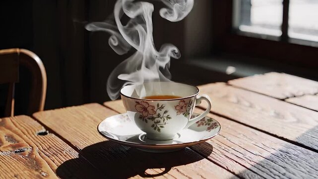 Hot Cup of Tea on Rustic Wooden Table with Delicate Floral Design