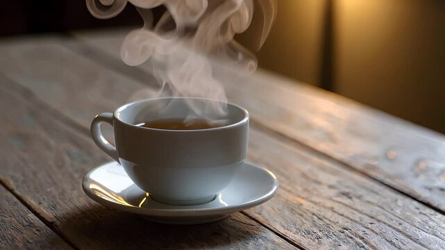 Cozy cup of steaming coffee on wooden table in warm light setting