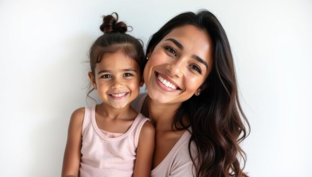 Madre e hija, latinas, primer plano. Sobre fondo blanco.