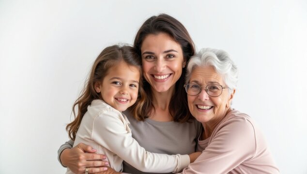 Madre, hija y abuela, primer plano. Sonrientes. Sobre fondo blanco.