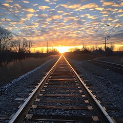 Fototapeta premium Straight railway tracks leading towards a dramatic sunset with textured clouds. Perspective view symbolizing journey, travel, future, or direction. 