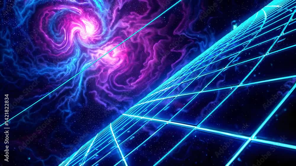 Poster vibrant cosmic space with neon lines and abstract swirls in background