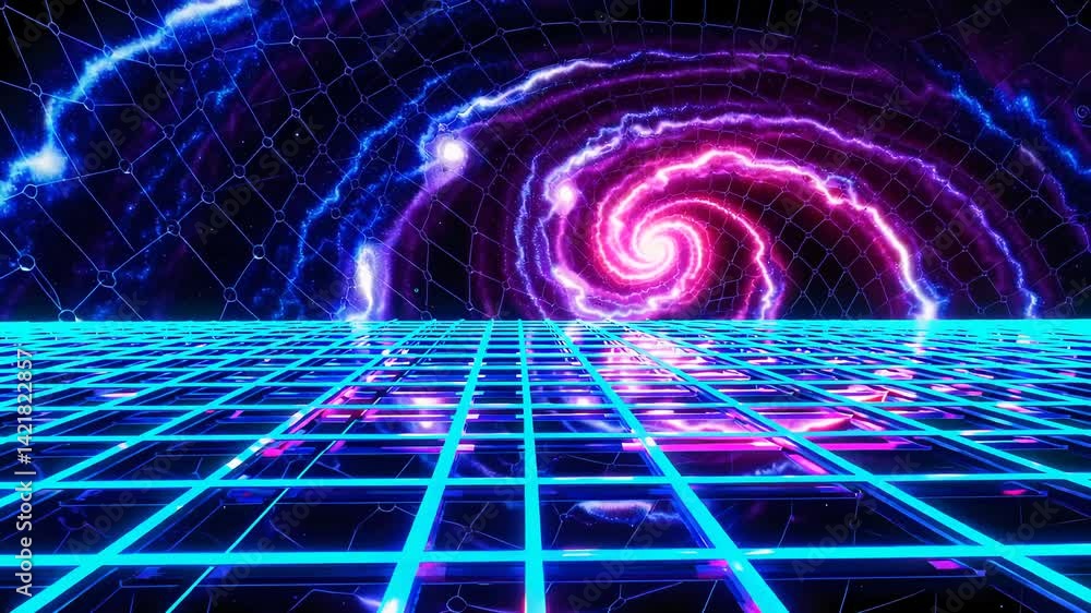 Poster vibrant abstract digital tunnel with neon colors and grid pattern