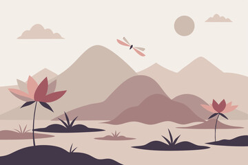 desert landscape with palm trees and flowers