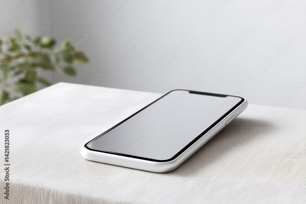 Poster minimalistic image of digital banking interface displayed on smartphone screen lying on plain white 