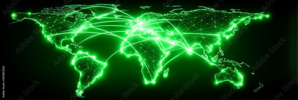 Poster global network connections - illuminated world map showcasing interconnectedness via glowing green l
