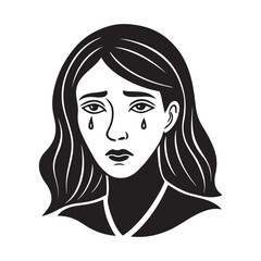 Woman crying side profile black and white vector illustration
