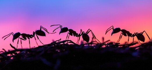 Silhouette of Ants Crawling on Mound Against Colorful Sunset Sky