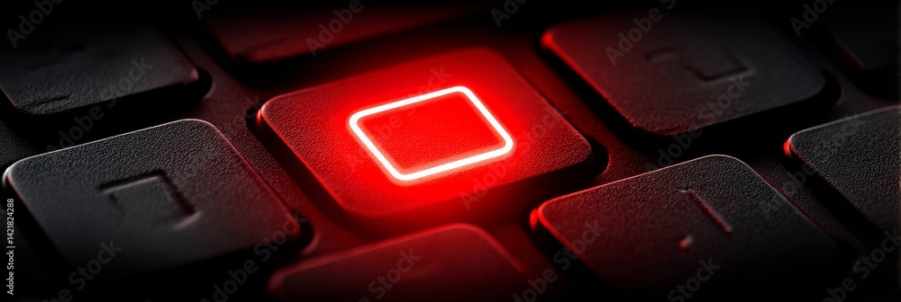 Poster glowing red button urgent keyboard - a single glowing red button on a dark keyboard symbolizes urgen