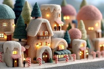 Miniature village houses with lights and snow-like decoration.