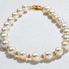 Fototapeta premium Elegant Pearl Bracelet with Crystals and Gold Clasp on White Background