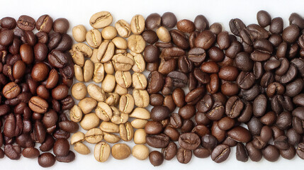Fresh coffee beans background roasted and unroasted coffee beans close up aromatic coffee beans texture
