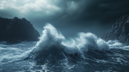 Powerful waves crashing against dramatic cliffs under a stormy sky