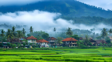 Misty Mountain Village Landscape with Lush Rice Paddies