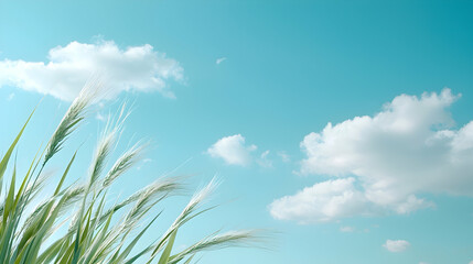 Green Grass and Fluffy White Seed Heads Swaying in a Blue Sky with Clouds