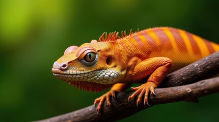 Vibrant Orange and Yellow Gecko Posing on a Branch Amidst Lush Greenery with a Vivid Background