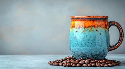 Colorful ceramic mug with coffee beans on a textured background. Possible stock photo use