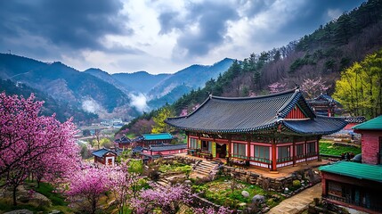 Fototapeta premium Mountain temple with blooming cherry blossoms.