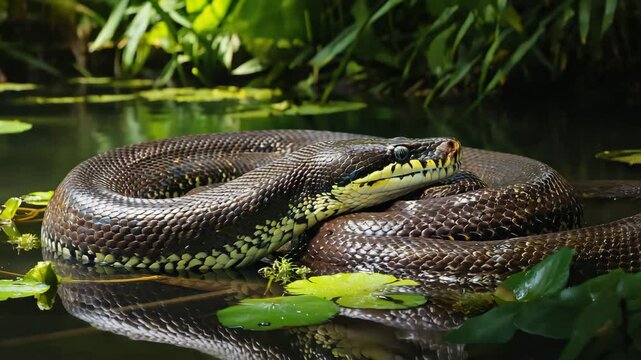 Giant Anaconda in Crystal Clear Amazon Waters with Sunlight Rays
