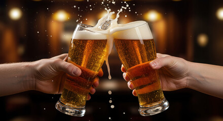Two hands clinking beer glasses in celebration with frothy bubbles
