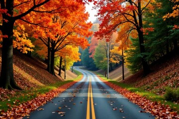 Vibrant autumn foliage lines a winding country lane , photography, stock photo