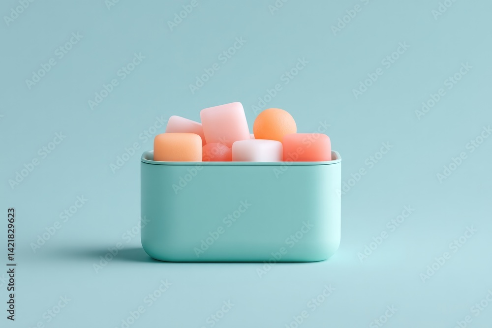 Aufkleber neatly arranged minimalistic lunchbox featuring colorful bite-sized snacks is set against uniform li