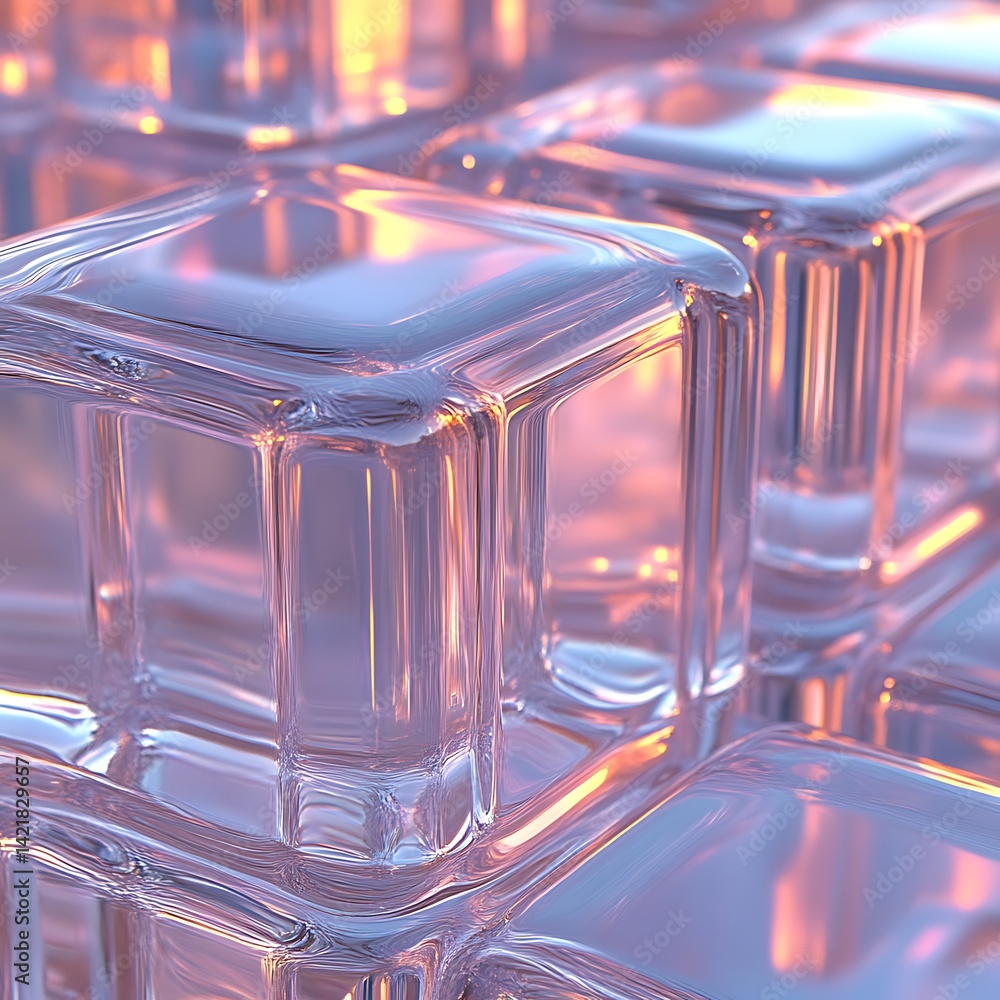 Aufkleber abstract translucent cubes, glowing softly. a close-up view of many stacked, interlocking, transpare