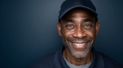 Obraz premium Happy Mature Man Portrait - Close-up portrait of a smiling middle-aged Black man wearing a baseball cap against a dark blue background