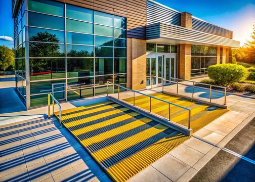 Aerial View of ADA Compliant Accessibility Ramp Marking - Building Entrance