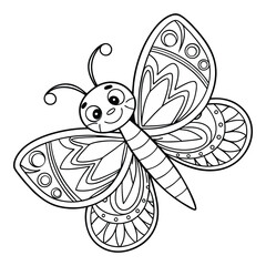 Cute cartoon butterfly with decorative wings outline for coloring pages and childrens activity books