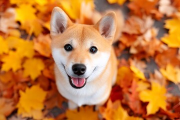 Happy Shiba Inu in Autumn Leaves - Adorable Shiba Inu dog sitting amidst vibrant autumn foliage, looking directly at the camera with a cheerful expression