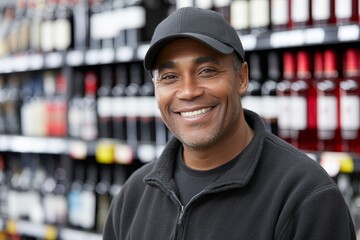 Happy Store Employee in Liquor Store - A friendly black man smiles warmly, standing in a liquor store aisle. He's wearing a black cap and jacket