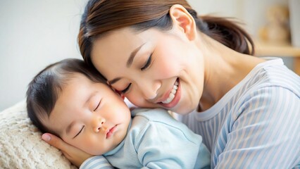 Loving Asian Mother Cradling Sleeping Baby - Sweet Pastel Background Stock Photo