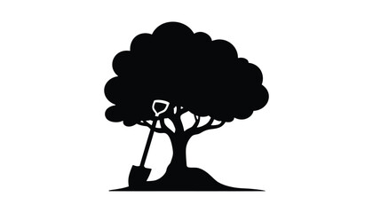 Tree with Shovel Silhouette Vector, Black Illustration for Planting, Gardening, and Environmental Concepts