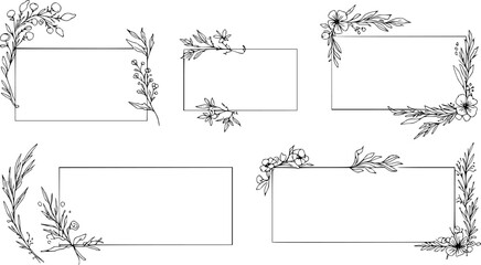 Obraz premium Collection of floral frames, borders and corners. Hand drawn botanical flowers elements in line art and silhouette style. Good for gift cards, invitations, menu, certificates and graphic design